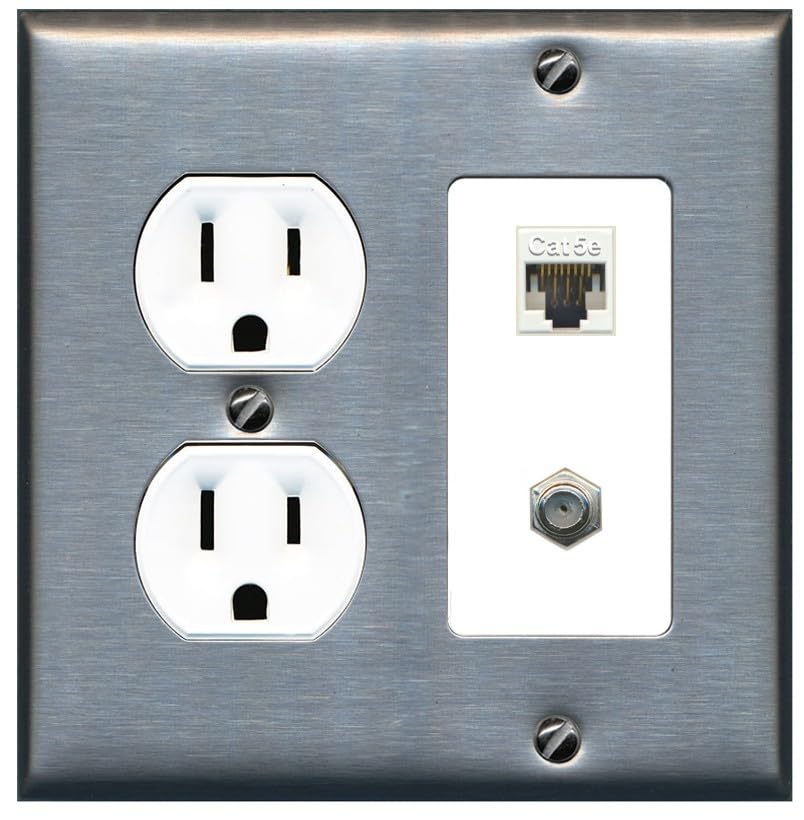 15 Amp Round Power Outlet 1 Port Cat5e Ethernet 1 Coax Cable-TV F